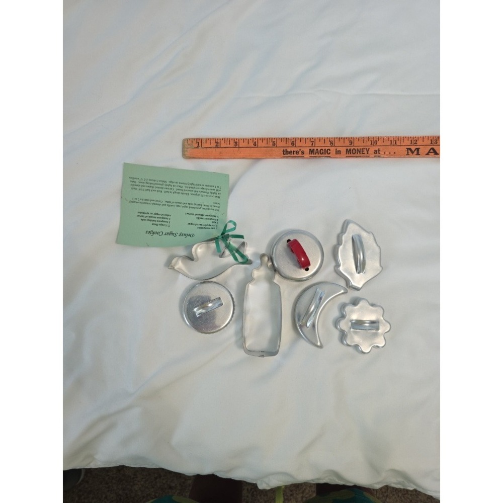 Vintage Aluminum Cookie Cutter Set 7pc Baby Bottle Moon Leaf Flower Bird Recipe